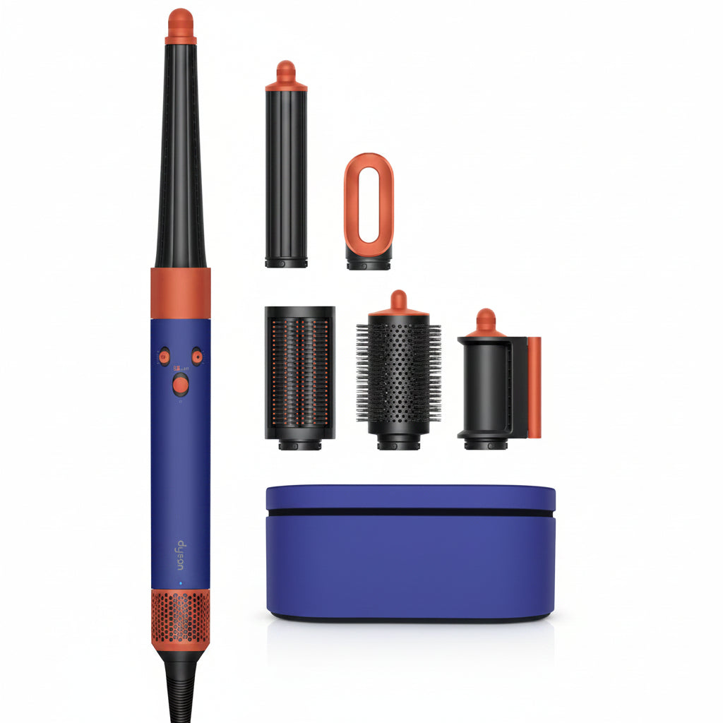 Blue hair styling tool with interchangeable attachments on a white background