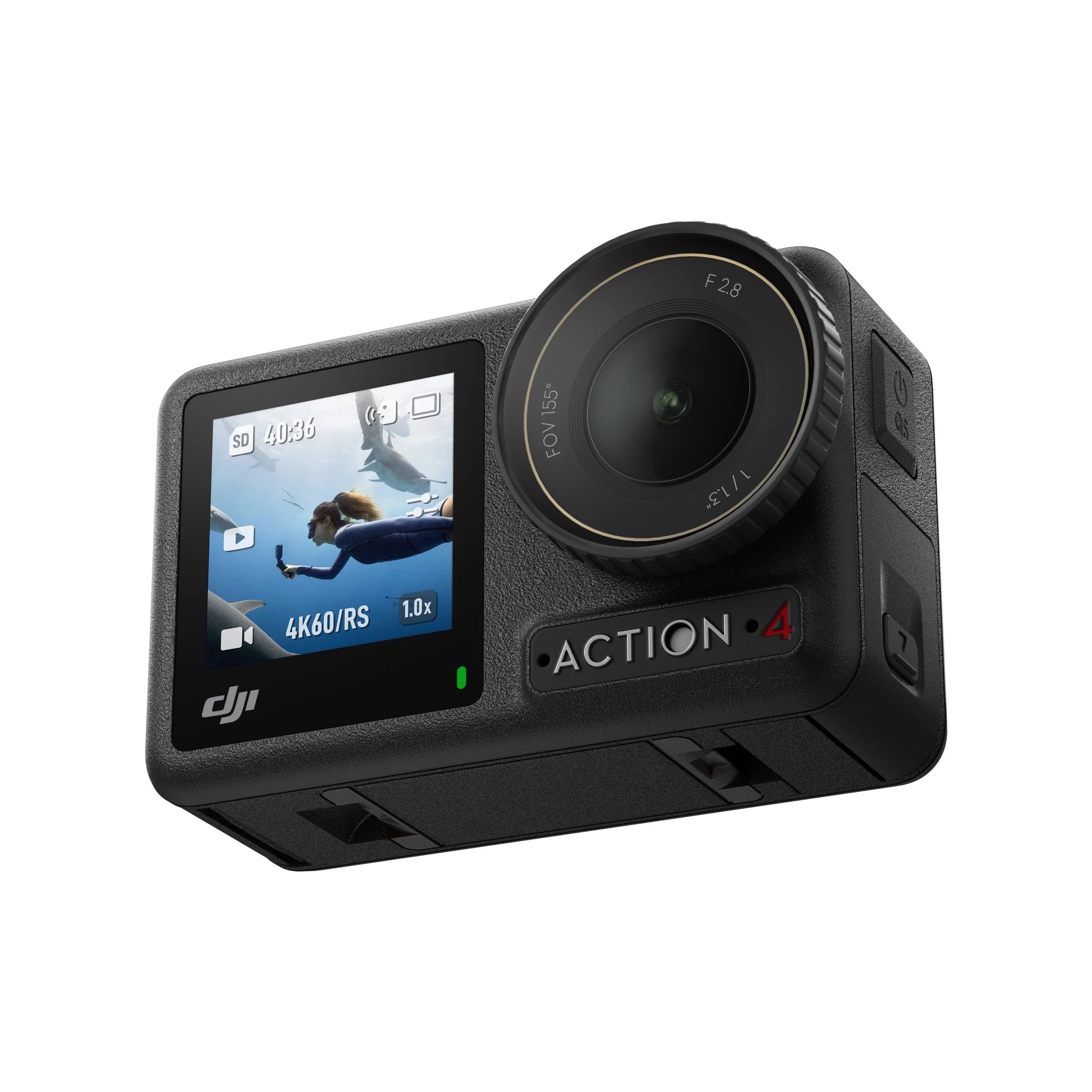 Action camera with display screen on a white background