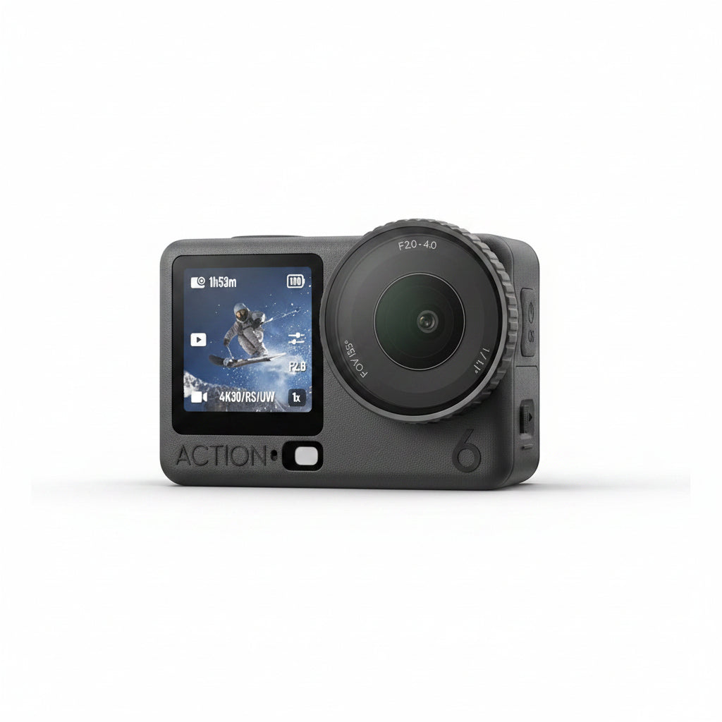 Action camera with display screen showing a skier in mid-air, on a gray background.