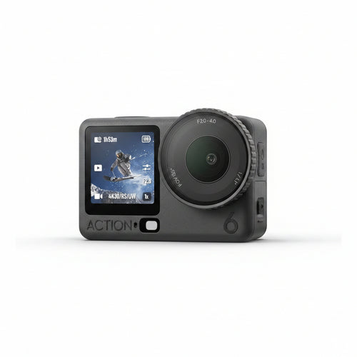 Action camera with display screen showing a skier in mid-air, on a gray background.