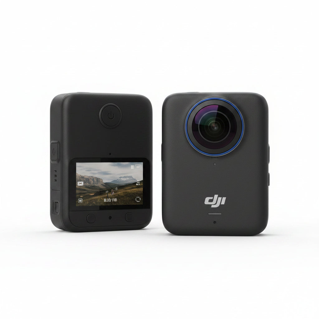 Two DJI action cameras on a reflective surface with a blurred natural background