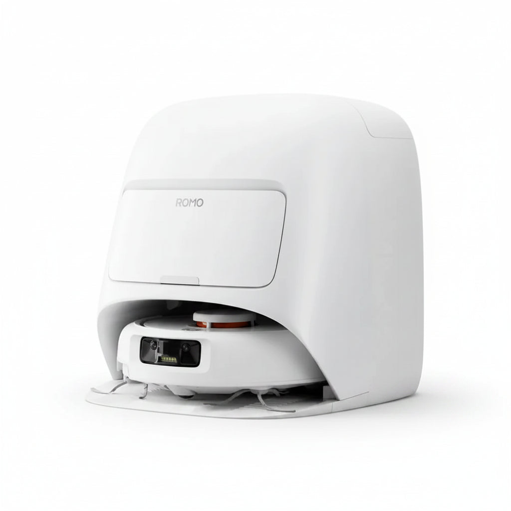 White robot vacuum cleaner on a white background