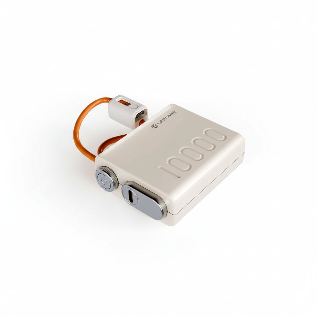 White electronic device with orange cable on a white background